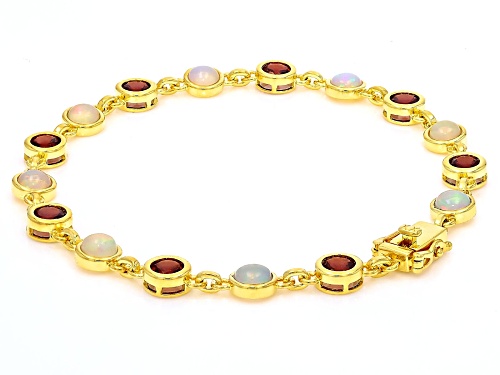 2.40ctw Ethiopian Opal, 3.74ctw Red Garnet 18k Yellow Gold Over Sterling Silver Bracelet - Size 7.25