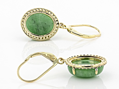 12x10mm Oval Green Jadeite With .55ctw Round White Zircon 14k Yellow Gold Dangle Earrings