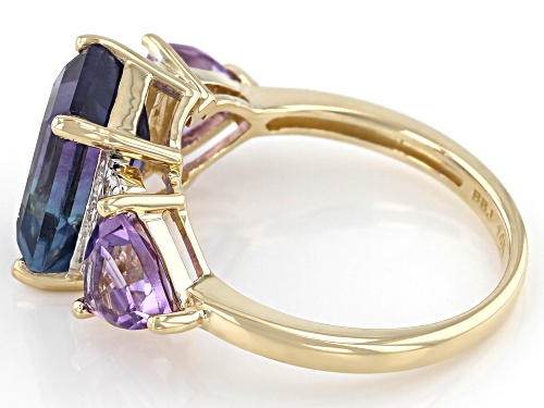 3.59ct Bi-Color Fluorite With 1.19ctw Amethyst & 0.11ctw White Diamond 14k Yellow Gold Ring - Size 9