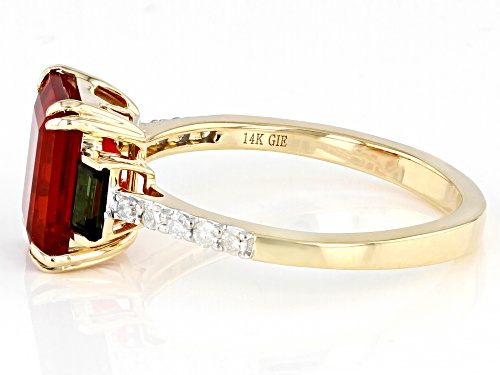 1.44ct Mexican Fire Opal, 0.21ctw Green Tourmaline And 0.11ctw White Diamond 14k Yellow Gold Ring - Size 8