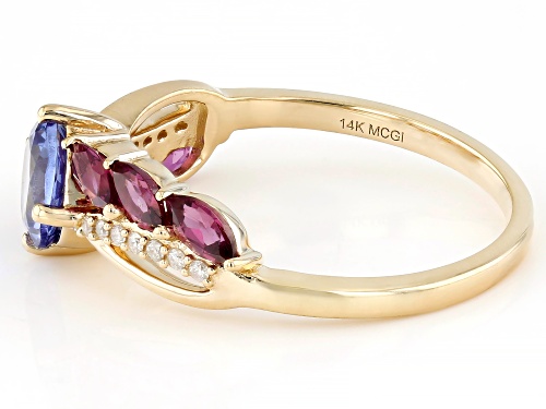 0.72ct Tanzanite with 0.61ctw Grape Color Garnet And 0.04ctw White Diamond 14k Yellow Gold Ring - Size 8