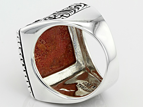 16x12mm Baguette Cabochon Red Sponge Coral Sterling Silver Solitaire Ring - Size 6