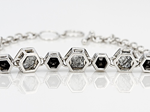3.20ctw Hexagonal Tourmalinated Quartz And 1.40ctw Hexagonal Black Onyx Sterling Silver Bracelet - Size 7.25