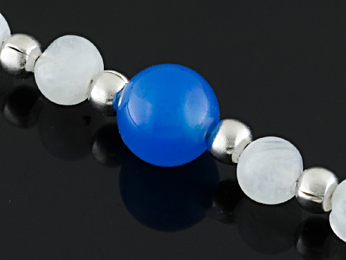 6mm Blue Chalcedony Bead With 4mm Round Rainbow Moonstone Bead Rhodium Over Silver Strand Necklace - Size 34