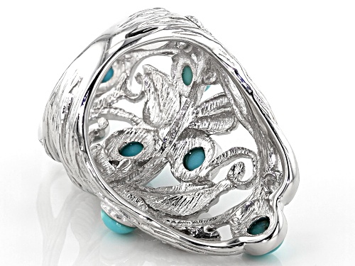 4mm And 5mm Mixed Round Blue Turquoise Rhodium Over Sterling Silver Leaf Ring - Size 5