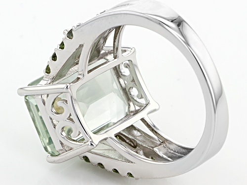 5.99ct Prasiolite with .58ctw Green Sapphire & .42ctw White Zircon Rhodium Over Sterling Silver Ring - Size 12