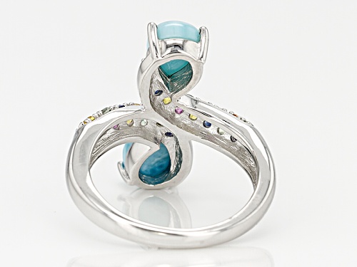 Pear Shape Cabochon Larimar With .74ctw Multi-Sapphire Sterling Silver Bypass Ring - Size 6