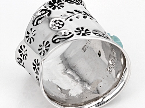 10mm Carved Larimar Flower Sterling Silver Band Ring - Size 8