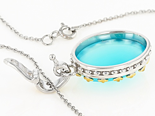 11.16ct Oval Paraiba Color Chalcedony Silver And 14k Yellow Gold Over Silver Enhancer With Chain