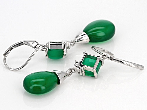 14x10mm Drop & 6mm Square Green Chalcedony With .07ctw Round White Zircon Silver Earrings