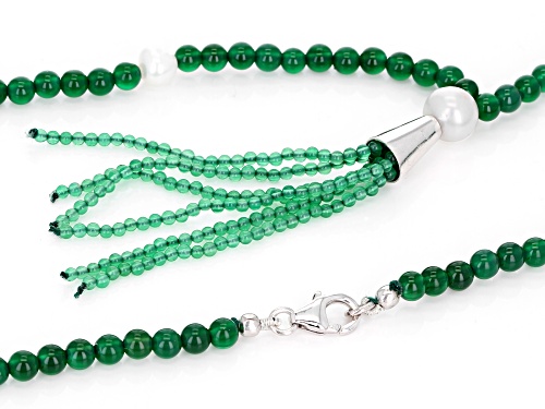 2-4mm Round Green Onyx With 6-8mm Round Cultured Freshwater Pearl Silver Tassel Necklace - Size 32