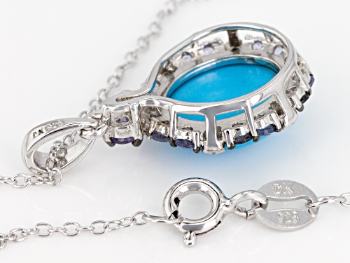 10x8mm Oval Sleeping Beauty Turquoise, .14ctw Zircon & Diamond Accent Silver Pendant W/ Chain