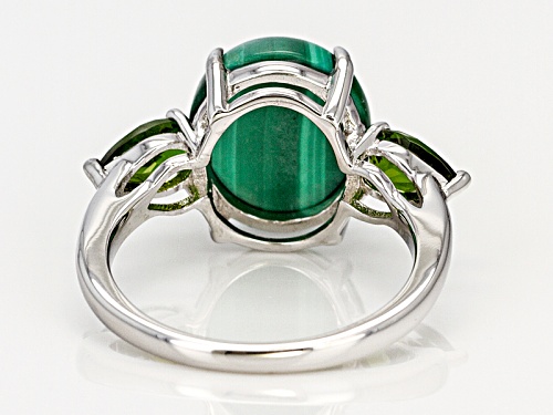 12x10mm Oval Malachite With .92ctw Pear Shape Russian Chrome Diopside Rhodium Over Silver Ring - Size 7
