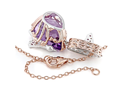 15.35ctw Amethyst, Rhodolite and White Zircon Rhod/18k Rose Gold Over Palladium Silver Pend W/ Chain