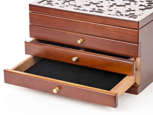 Wooden Floral Jewelry Box With 4 Tiers and Mirror
