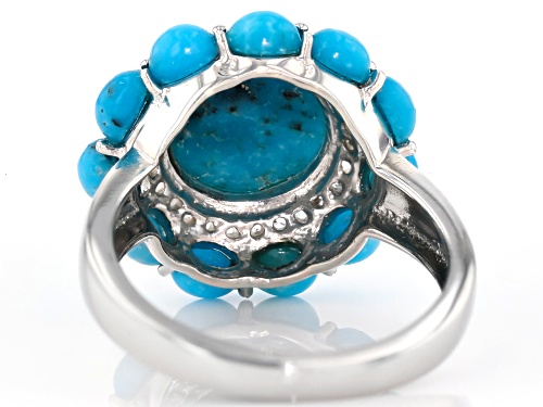 10mm Round & 4x3mm Oval Turquoise With .26ctw Round White Zircon Rhodium Over Silver Ring - Size 7