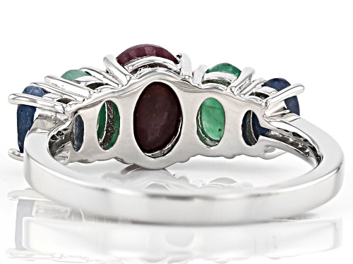 2.88ctw Indian Ruby, Emerald & Sapphire W/ .03ctw Zircon Rhodium Over Silver Band Ring - Size 8