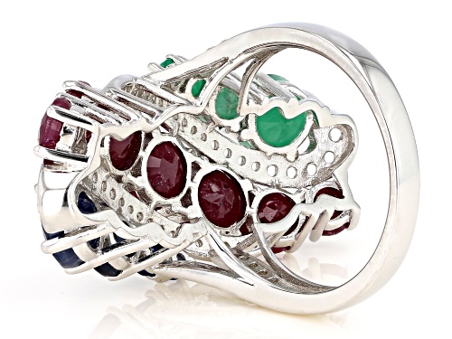 8.28ctw Graduated Ruby, Emerald, Blue Sapphire & White Topaz Rhodium Over Silver Cocktail Ring - Size 8