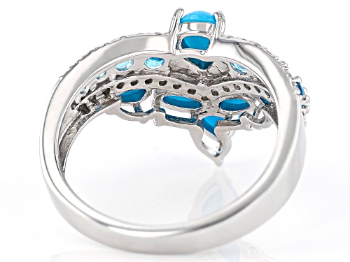 Sleeping Beauty Turquoise with .82ctw Neon Apatite & White Zircon Rhodium Over Silver Chevron Ring - Size 10