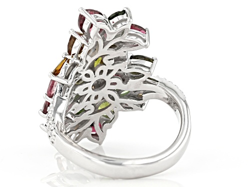3.34CTW PEAR SHAPE AND MARQUISE MIXED-COLOR TOURMALINE RHODIUM OVER STERLING SILVER BYPASS RING - Size 8