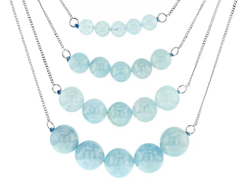 Graduated 6mm, 8mm, 10mm and 12mm round aquamarine bead sterling silver 4 strand necklace - Size 16