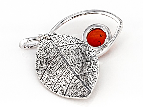 8mm round orange amber cabochon solitaire, Rhodium over sterling silver leaf pendant
