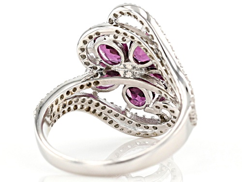 2.13ct Oval Raspberry Color Rhodolite & .70ctw White Topaz Rhodium Over Silver Flower Ring - Size 7