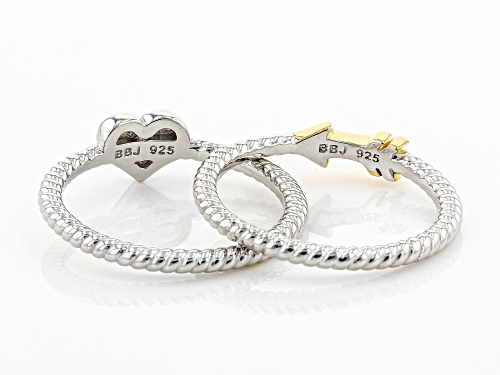 Sterling Silver and 18K Yellow Gold Over Sterling Silver Set of 2 Cupid Arrow and Heart Rings