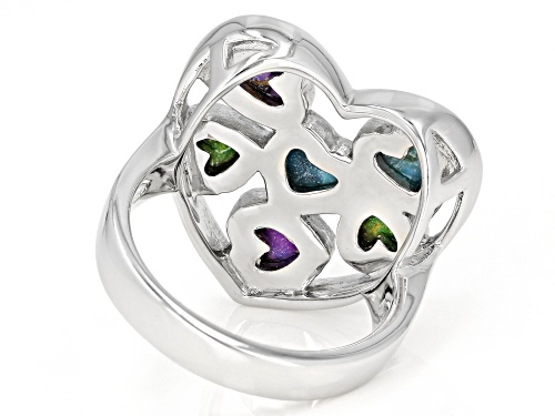 5mm Blue, 5mm Purple, And 4mm Green Heart cabochon Turquoise Rhodium Over Silver Ring. - Size 7
