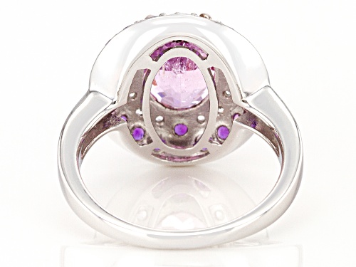 2.77ct Oval Kunzite with .60ctw African Amethyst & .13ctw White Zircon Rhodium Over Silver Ring - Size 7