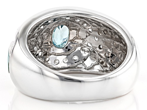 1.07ct Oval blue zircon with turquoise and .68ctw white zircon rhodium over sterling silver ring - Size 5