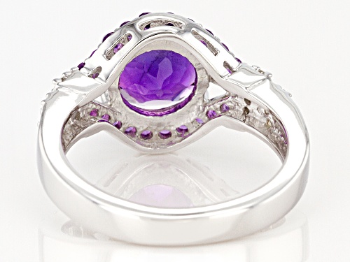 1.83CTW ROUND AMETHYST WITH .09CTW WHITE ZIRCON RHODIUM OVER STERLING SILVER RING - Size 8
