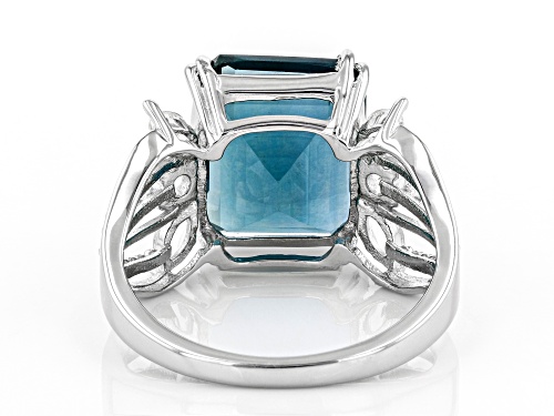 5.95ct Emerald Cut Teal Fluorite and .48ctw White Topaz Rhodium Over Sterling Silver Ring - Size 8
