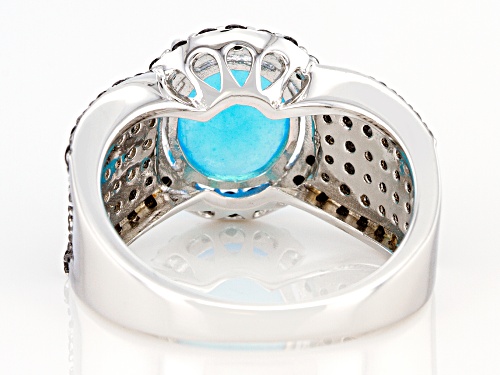 1.70ct Oval Paraiba Blue Opal and 1.18ctw Round Black Spinel Rhodium Over Sterling Silver Ring - Size 8