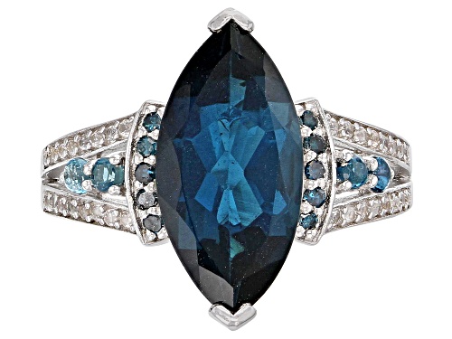 3.97ctw London Blue Topaz, .14tcw Zircon & Diamond Accent Rhodium Over Silver Ring - Size 8