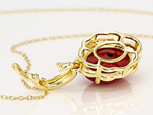 16x12mm Oval Cabochon Coral & 2 Diamond Accent 18k Yellow Gold Over Silver Enhancer With Chain