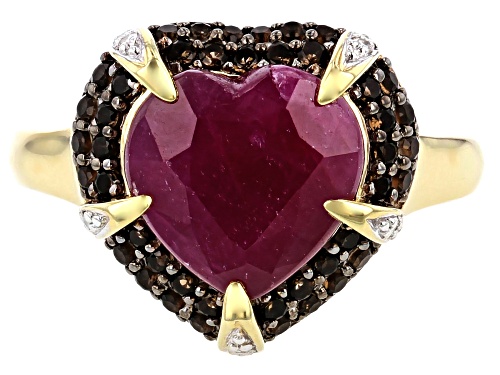 5.10ct Indian Ruby with .55ctw Smoky Quartz & .02ctw Diamond Accent 18k Gold Over Silver Ring - Size 8