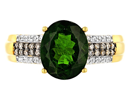 2.41CTW CHROME DIOPSIDE & WHITE ZIRCON W/.08CTW CHAMPAGNE DIAMOND ACCENT 18K GOLD OVER SILVER RING - Size 8