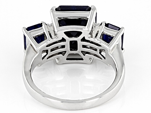 7.57ctw Rectangular Octagonal Blue Sapphire With 0.03ctw White Diamond Rhodium Over Silver Ring - Size 7
