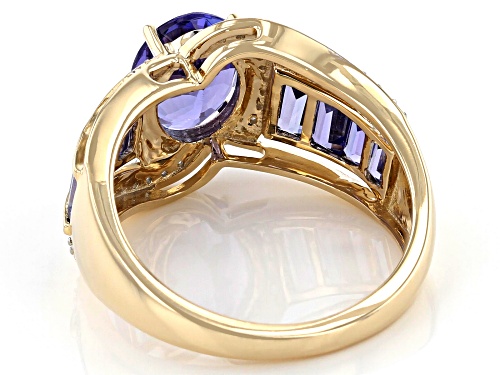 2.62ctw Oval And Baguette Tanzanite With 0.11ctw Round White Diamond 10K Yellow Gold Ring - Size 7