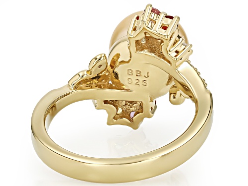 9-10mm Golden Cultured South Sea Pearl with Multi Sapphire & White Zircon 18k Gold Over Silver Ring - Size 10