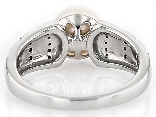 7mm Cultured Japanese Akoya Pearl With 0.26ctw Blue & White Diamond Rhodium Over Silver Ring - Size 12