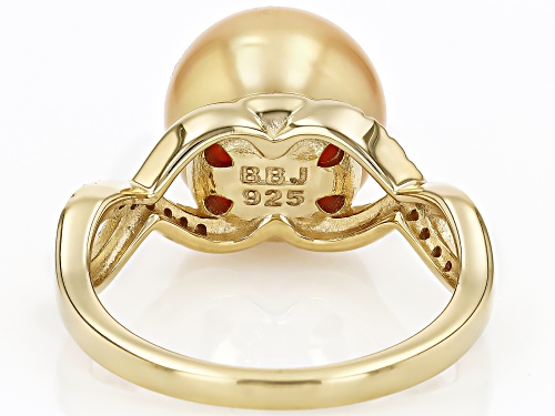 9mm Golden Cultured South Sea Pearl With 0.12ctw Moissanite Fire® 18K Gold Over Silver Ring - Size 12