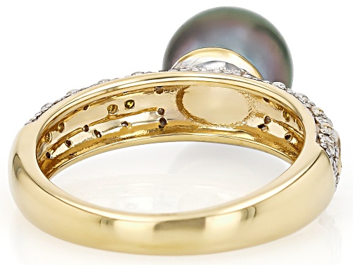 8.5mm Cultured Tahitian Pearl With 0.24ctw Canary & White Diamond 18K Yellow Gold Over Silver Ring - Size 8
