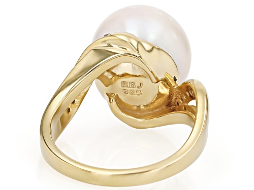 Genusis™ 12mm White Cultured Freshwater Pearl With White Zircon 18K Yellow Gold Over Silver Ring - Size 7