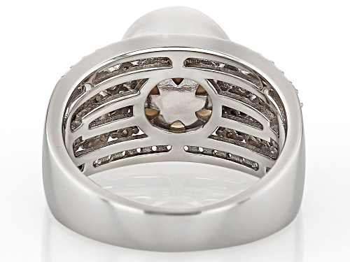 9.5mm White Cultured Freshwater Pearl With Champagne Diamond & Zircon Rhodium Over Silver Ring - Size 11