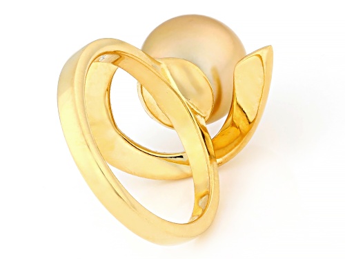 10mm Golden Cultured South Sea Pearl 18K Yellow Gold Over Sterling Silver Ring - Size 11