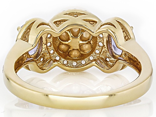 7mm White Cultured Japanese Akoya Pearl With Tanzanite & White Zircon 18K Gold Over Silver Ring - Size 7