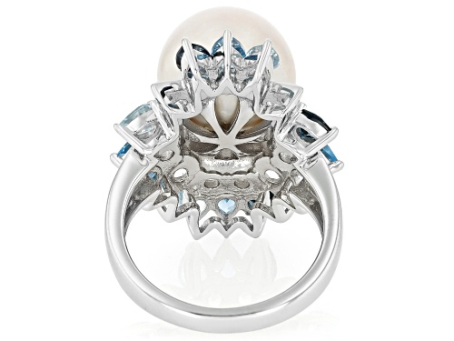 12mm White Cultured Freshwater Pearl With Blue And White Topaz Rhodium Over Sterling Silver Ring - Size 12