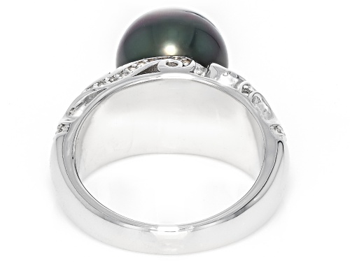 9mm Cultured Tahitian Pearl With White Topaz Rhodium Over Sterling Silver Ring - Size 12